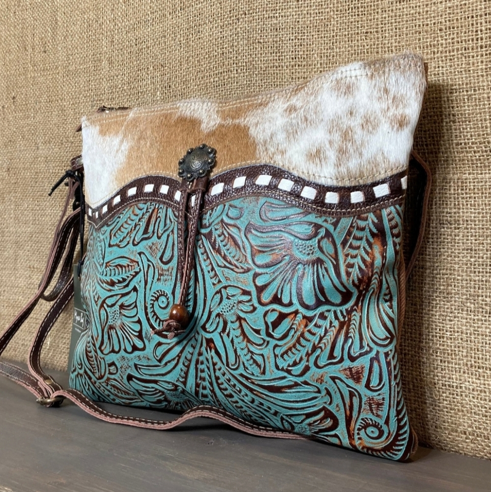 Myra Bag Brown Hair-on Cowhide and Turquoise Tooled Leather Shoulder Bag - Picture 7 of 11